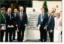 SEC Commission and Staff outside the Budapest Stock Exchange (June 21,1990): J. Carter Beese (second from left); Richard C. Breeden (fourth from left); James Doty (second from right); Gary Fendler (far left); William Hyman (third from left); Richard Ketchum (fourth from right); Michael Mann (third from right); Linda Quinn (far right)