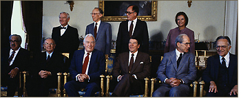 October 1, 1982 Washington, D.C.: United States President Ronald Reagan poses for a formal portrait with the judges of the United States Supreme Court. From left to right (standing) are: John Paul Stevens; Lewis. F. Powell, Jr.; William H. Rehnquist and Sandra Day O'Connor. Seated are: Thurgood Marshall; William J. Brennan, Jr.; Chief Justice Warren Burger; President Reagan; Byron White and Harry Blackmun. &copy;Bettmann/Corbis