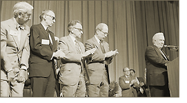 August 6, 1973: Supreme Court Justices Applauding Warren E. Burger. Applauding Burger are, LTR: retired Supreme Court Justice Tom Clark, and Supreme Court Justice Lewis F. Powell; Harry Blackman; and Byron R. White. &copy;Bettmann/CORBIS