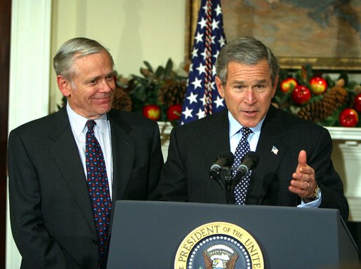 President George W. Bush names William H. Donaldson as his nominee for Chairman of the Securities and Exchange Commission, Dec. 10, 2002.