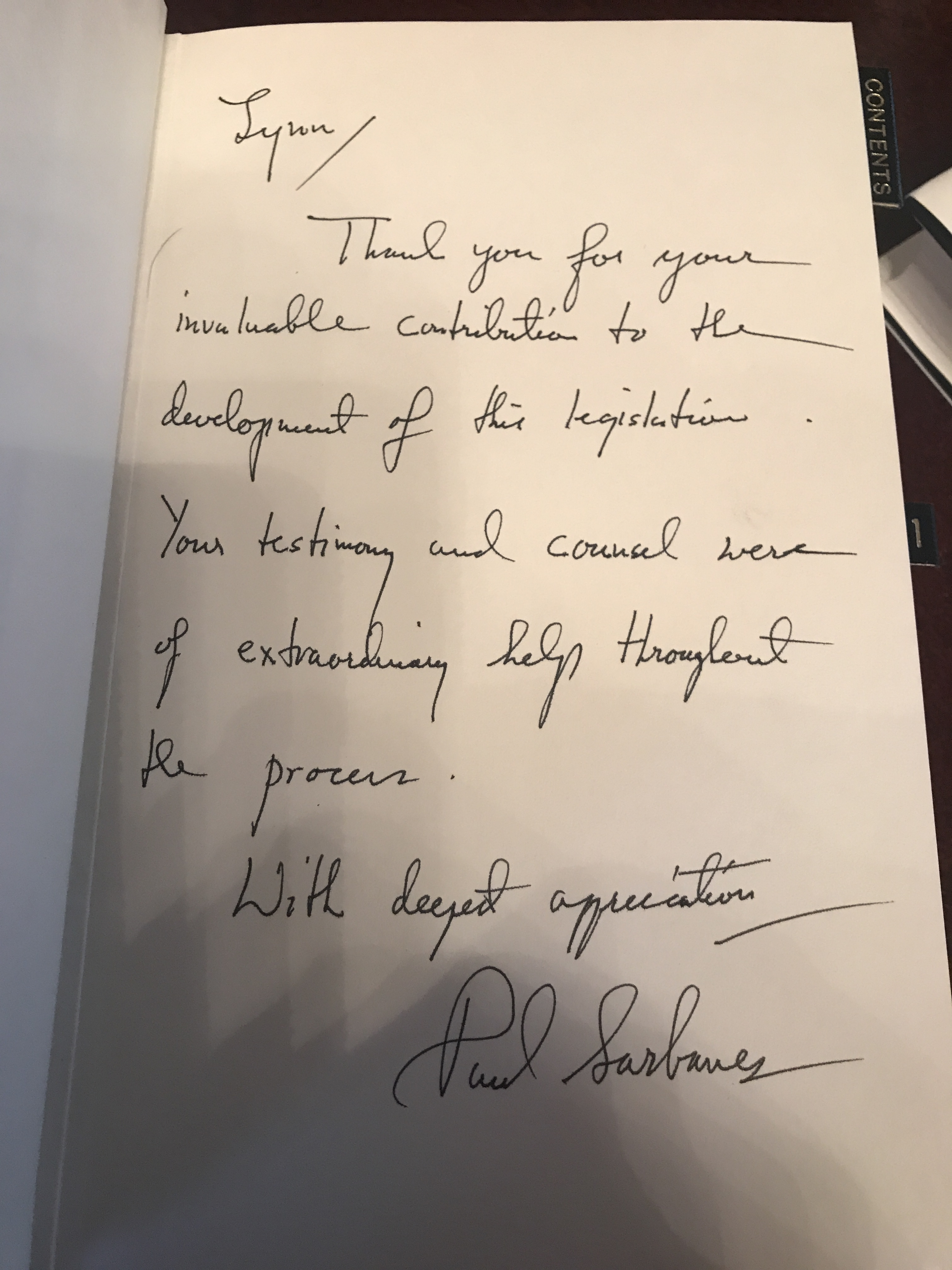 Hand written dedication from Sen. Paul Sarbanes to Lynn Turner in the bound volumes of the legislative history of the Sarbanes Oxley Act of 2002.