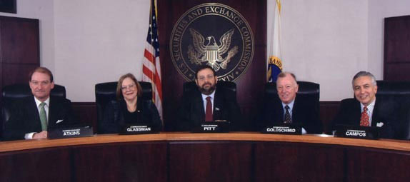 The SEC Commission in Fall 2002: Paul Atkins, Cynthia Glassman, Harvey L. Pitt, Harvey Goldschmid and Roel Campos.