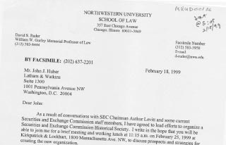 Letter from David Ruder soliciting interest in SEC Historical Society